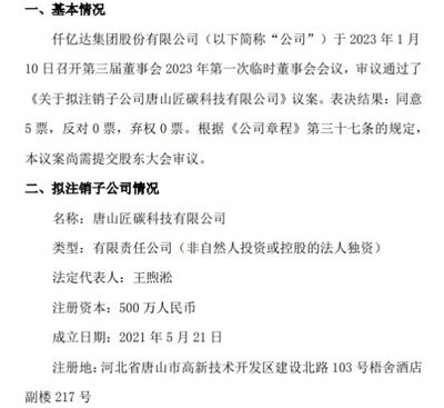 仟億達擬注銷子公司唐山匠碳科技，優化銷售代理布局